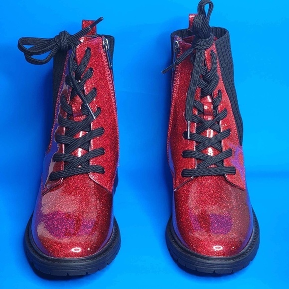 NEW Sam Edelman Lydell Girls Combat Boots Lace Up Ruby Red Glitter - Picture 4 of 7